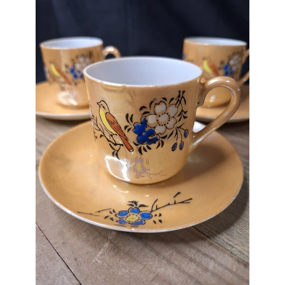 Vintage Lusterware Demitasse Tea Cups Saucers Set 2 Japan Bird Floral Iridescent